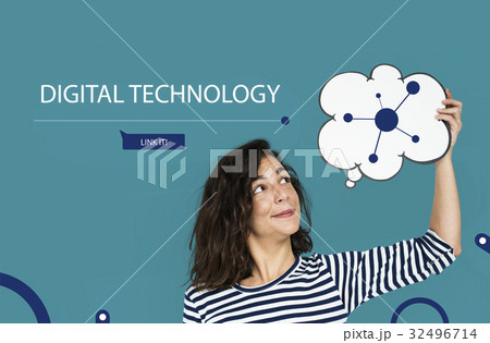 Woman connected by global network communication technology Woman connected by global network communication technology 32496714