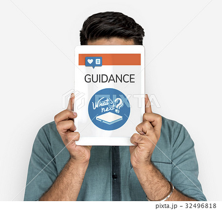 Man holding network graphic overlay digital device 32496818
