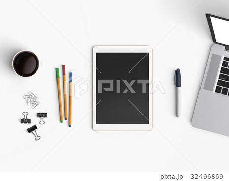 Modern office desk workplace with notebook, tablet or smartphone, pen and coffee cup copy space on color background. Top view. Flat lay style. 32496869
