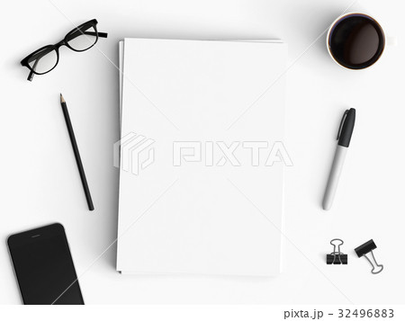 Minimal office desk workplace with blank paper, coffee cup, smartphone and pen copy space on color background. Top view. Flat lay style. Minimal office desk workplace with blank paper, coffee cup, smartphone and pen copy space on color background. Top view. Flat lay style. 32496883