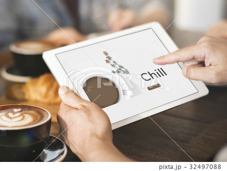 Illustration of coffee cup decoration cafe commercial on digital tablet Illustration of coffee cup decoration cafe commercial on digital tablet 32497088