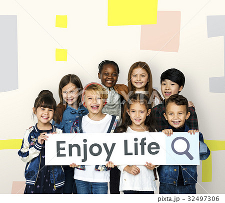 Children with searching banner for positivity and enjoy life Children with searching banner for positivity and enjoy life 32497306