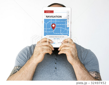 Man holding network graphic overlay digital device covering face Man holding network graphic overlay digital device covering face 32497452