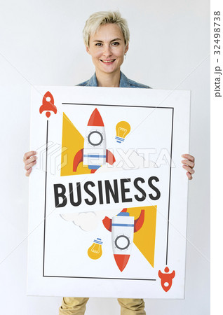 Woman holding billboard network graphic overlay 32498738