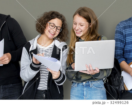 Group of Diverse High School Students Using Digital Devices Studio Portrait Group of Diverse High School Students Using Digital Devices Studio Portrait 32499126