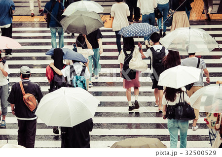 傘を差す群衆 横断歩道 32500529