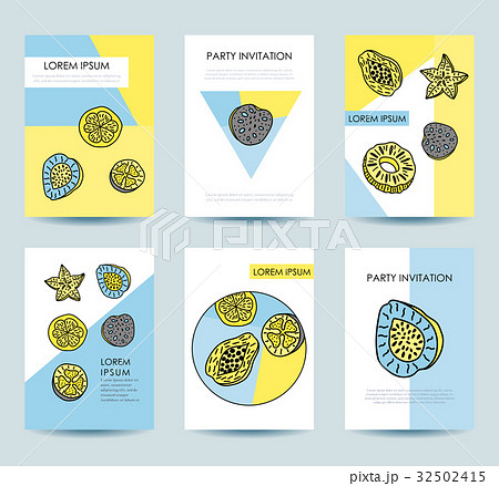 Cards with tropical fruits in memphis style 32502415