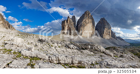 Tre Cime di Lavaredo rocks big panorama at sunset Tre Cime di Lavaredo rocks big panorama at sunset 32505534