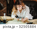 funny woman looking through a magnifying glass to 32505884
