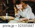 funny woman looking through a magnifying glass to 32505887