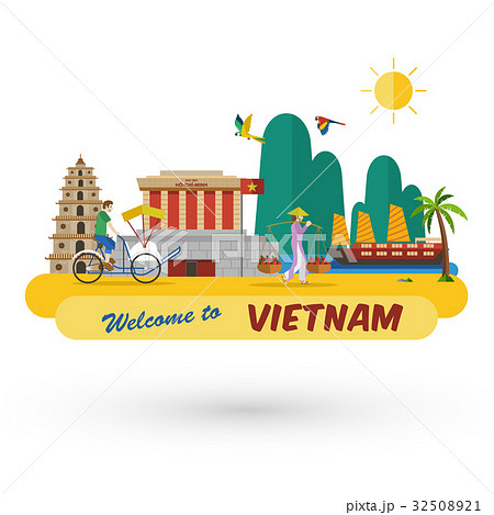 Flat Design Welcome To Vietnam Icons And Landmarkのイラスト素材