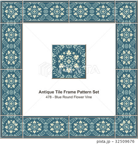 Antique tile frame pattern Blue Round Flower Vine 32509676