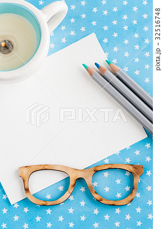 Blue white stars table desk with colorful pencils 32516748