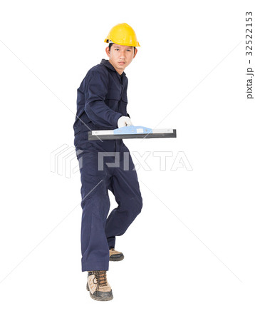 Man hold squeegee window cleaner isolated on white 32522153