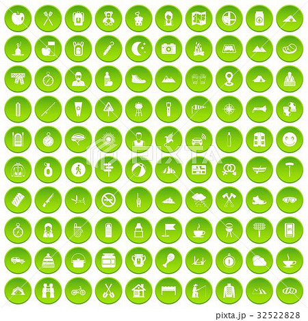 100 family camping icons set green circle 100 family camping icons set green circle 32522828