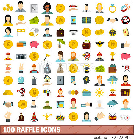 100 raffle icons set, flat style 32522995