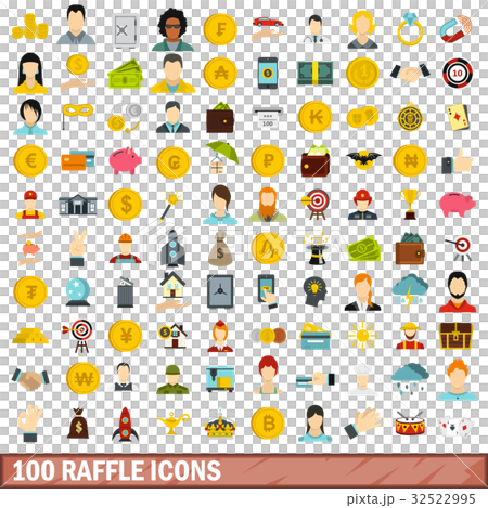 100 raffle icons set, flat style 32522995
