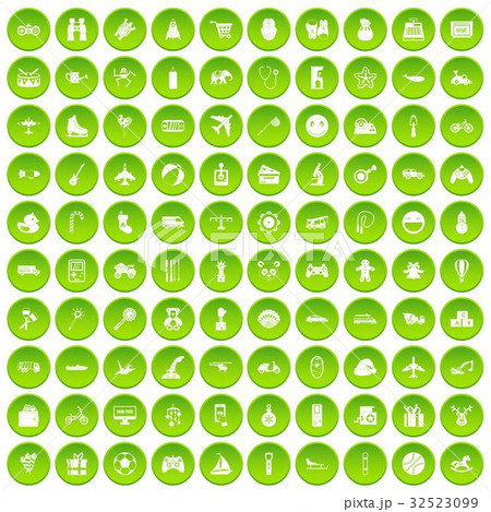 100 toys for kids icons set green circle 32523099