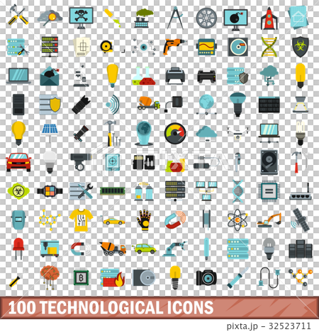100 technological icons set, flat style 32523711