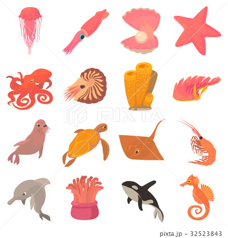 Ocean animals fauna icons set, cartoon style Ocean animals fauna icons set, cartoon style 32523843