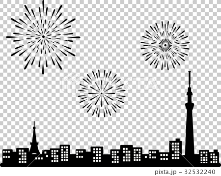Sky Tree And Tokyo Tower And Fireworks Silhouette Stock Illustration