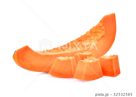 sliced of ripe papaya with seeds isolated on white 32532565