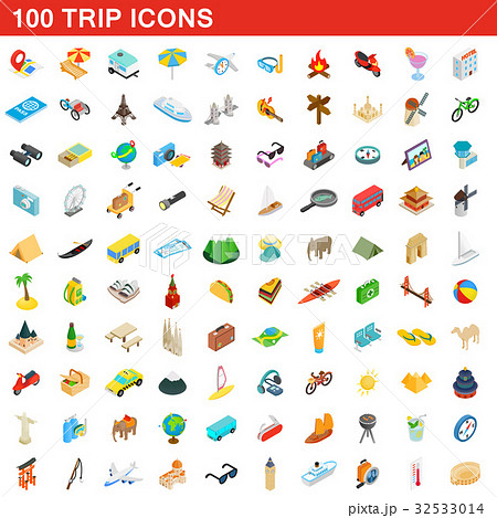 100 trip icons set, isometric 3d style 32533014