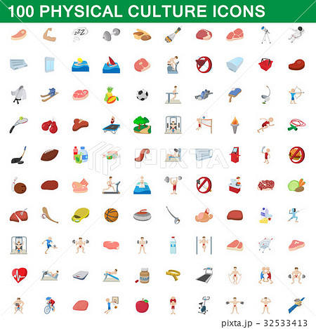100 physical culture icons set, cartoon style 100 physical culture icons set, cartoon style 32533413