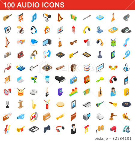 100 audio icons set, isometric 3d style 32534101