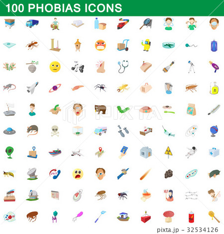 100 phobias icons set, cartoon style 32534126