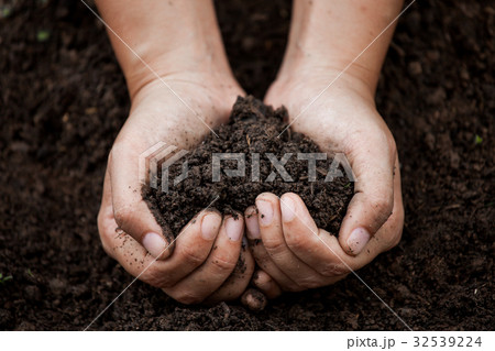 Woman hand hold soil in heart shape for planting Woman hand hold soil in heart shape for planting 32539224