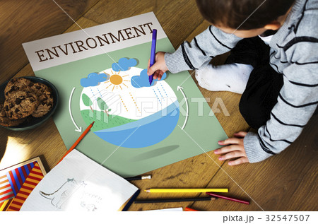 Young kid working on banner network graphic overlay 32547507
