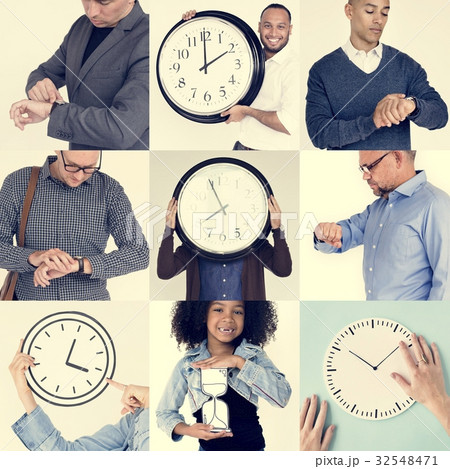 Set of Diverse People With Time Management Studio Collage Set of Diverse People With Time Management Studio Collage 32548471