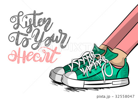 Pop Art Cartoon Woman Sneaker Listen Heartのイラスト素材