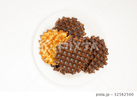 waffle cookies with chocolate on a white plate 32562500