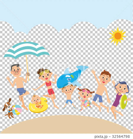 海水浴で遊ぶ三世代家族 32564798