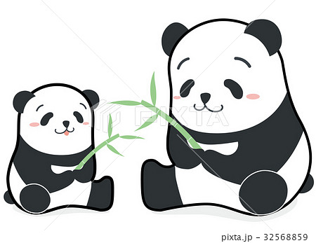 笹をもっているほのぼのパンダの親子イラストのイラスト素材