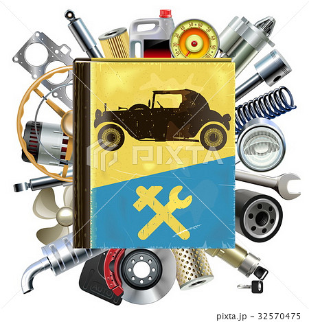 Vector Old Automobile Repair Book with Car Spares 32570475