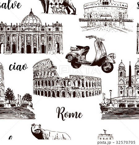Rome sightseeing seamless pattern set. sketch Rome sightseeing seamless pattern set. sketch 32570705