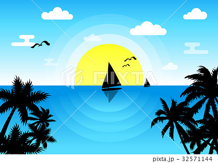 Sunset in the sea with a sailboat and seagulls 32571144