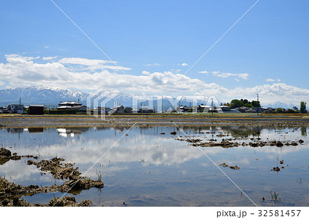 立山連峰と春の田園風景（富山県） 32581457