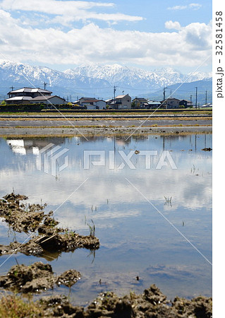 立山連峰と春の田園風景（富山県） 32581458