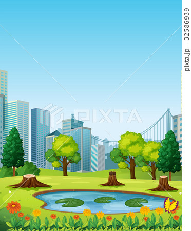 City scene with park and buildings 32586939
