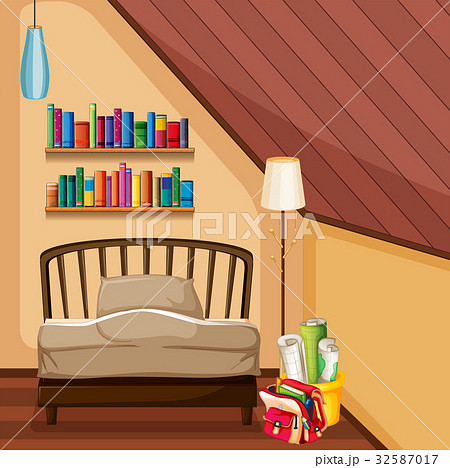 Bedroom with bed and bookshelves 32587017