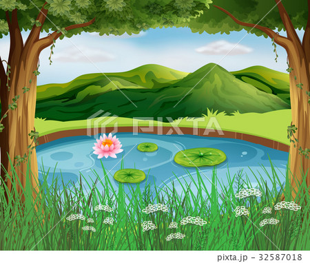 Forest scene with pond and mountains 32587018