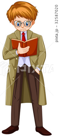 Man in brown overcoat reading book 32587020