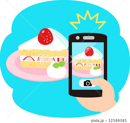 スマートフォンでの食べ物の写真撮影のイラスト素材