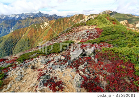 紅葉の北アルプス 横通岳から見る大天井岳 槍ヶ岳の写真素材