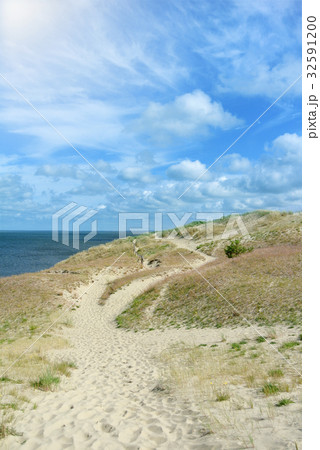 Beautiful sand dunes with a path in a dry grass an 32591200