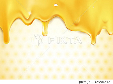 Sweet gold dripping honey on honeycomb background. 32596242